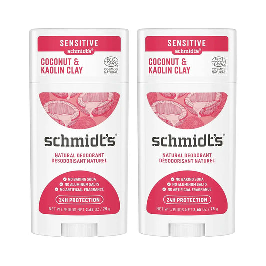 Schmidt's Aluminum Free Natural Deodorant Coconut & Kaolin Clay 2-pk for Women and Men, with 24 Hour Odor Protection, Certified Natural, Cruelty Free, Vegan Deodorant 2.65oz