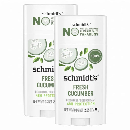 Schmidt's Aluminum-Free Vegan Deodorant Fresh Cucumber for Women and Men, with 24 Hour Odor Protection, Natural Ingredients, Cruelty-Free, 2.65 oz (Pack of 2)