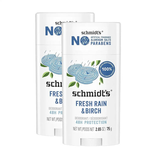Schmidt's Aluminum-Free Vegan Deodorant Fresh Rain & Birch with 24 Hour Odor Protection,for Women and Men,Natural Ingredients,Cruelty-Free,2.65 oz,(Pack of 4)